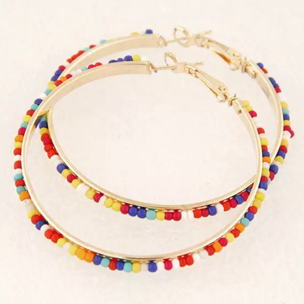 Rainbow Multi Color Beaded Gold Hoop Earrings